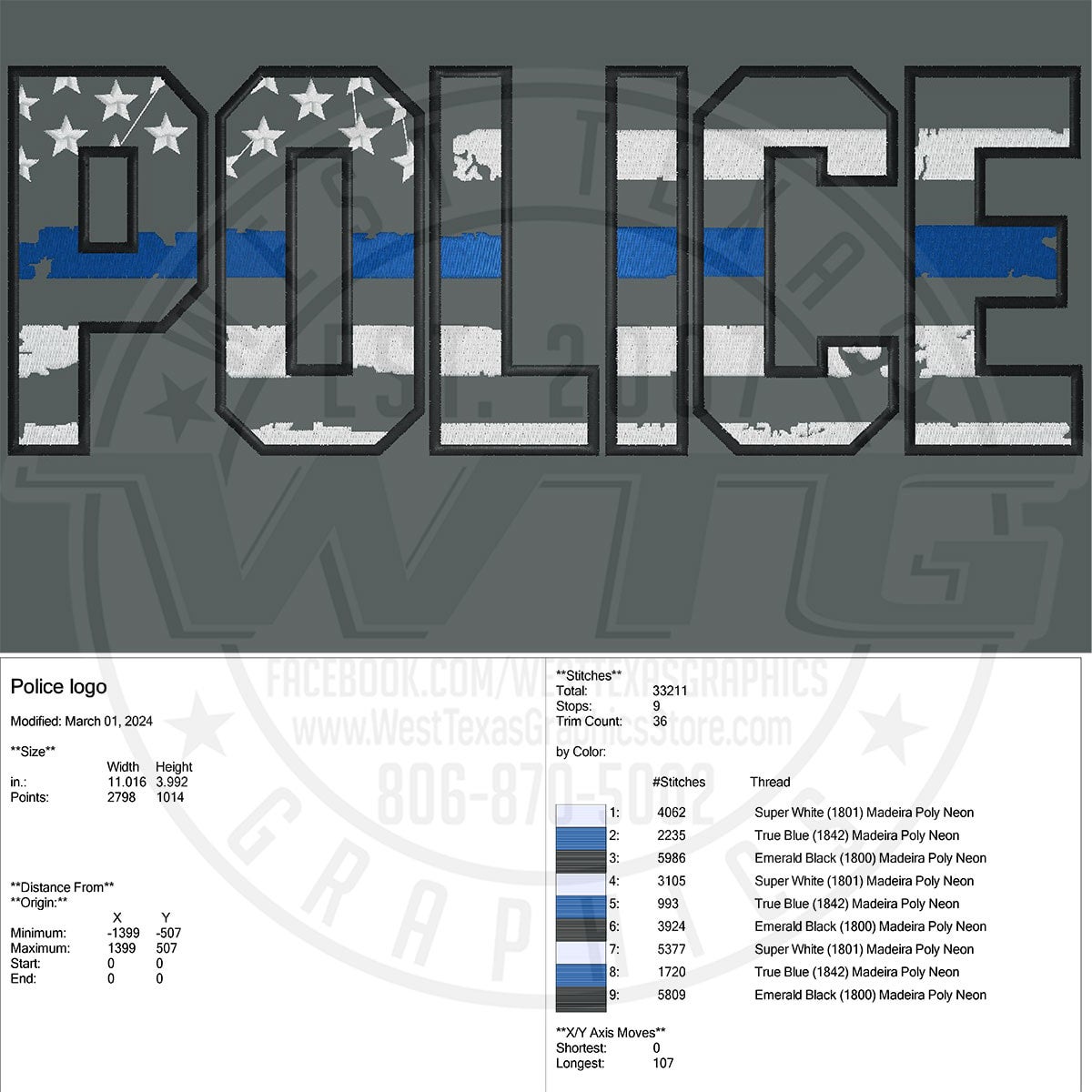 Police Wording Embroidery File | West Texas Graphics